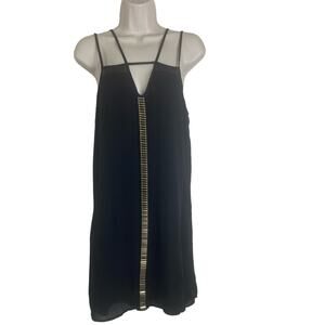 Parker Black 100% Silk Strap Detail Dress Vertical Front Gold Detail Size Small